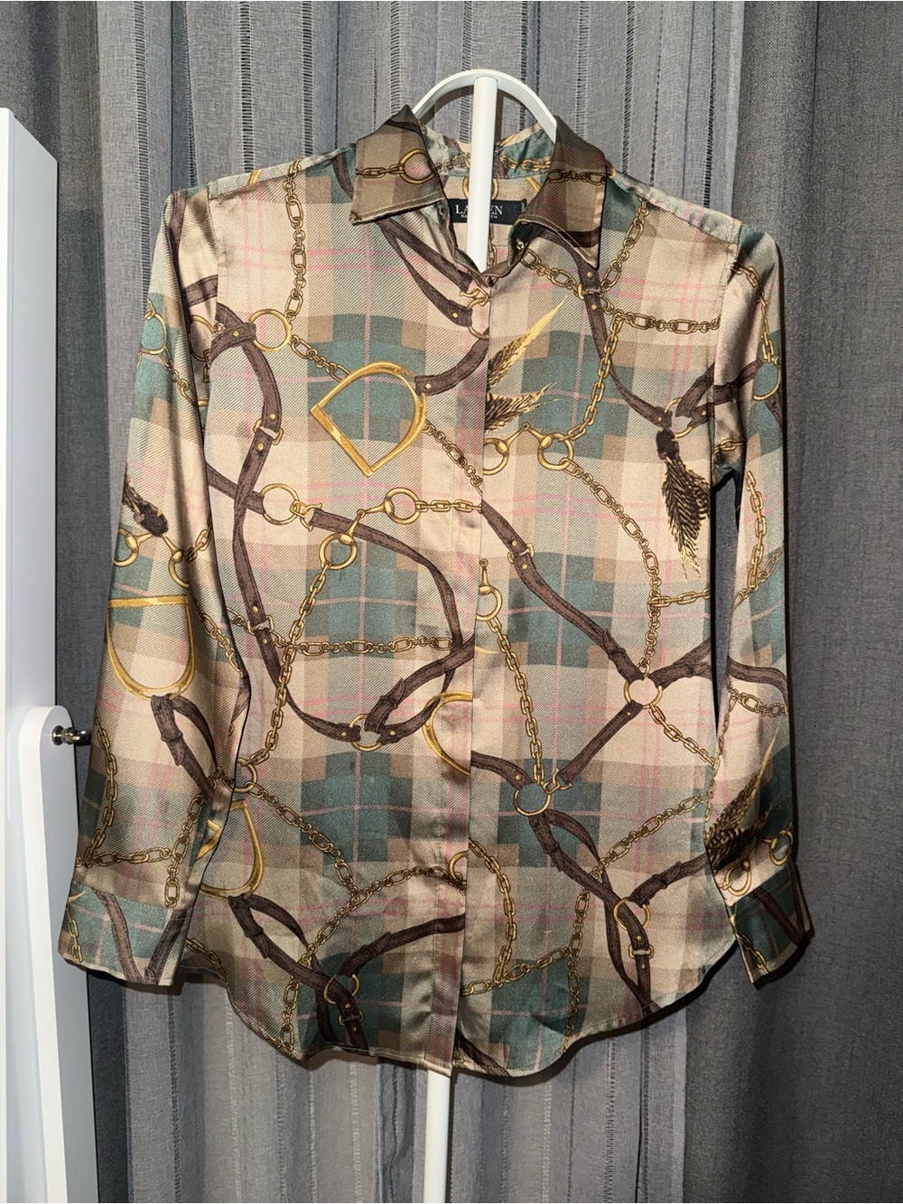 NWT Ralph Lauren Women's Plaid Belting Print Twill Shirt Brown Size XS